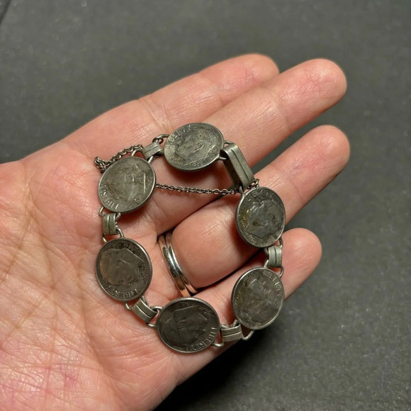 Sterling Silver 900 and 90 Percent Silver Dime 7 Inch Bracelet 19 Grams - Picture 2 of 8